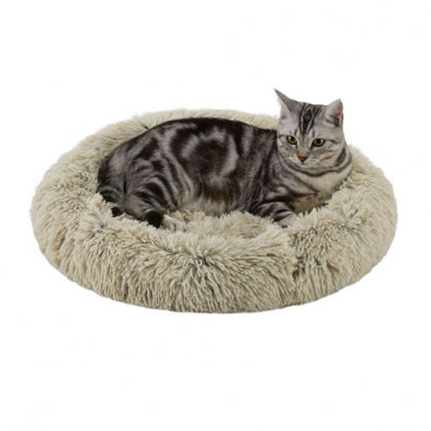 Ovales Katzenbett aus zotteligem Kunstfell – Taupe Ovales Katzenbett aus zotteligem Kunstfell – Taupe